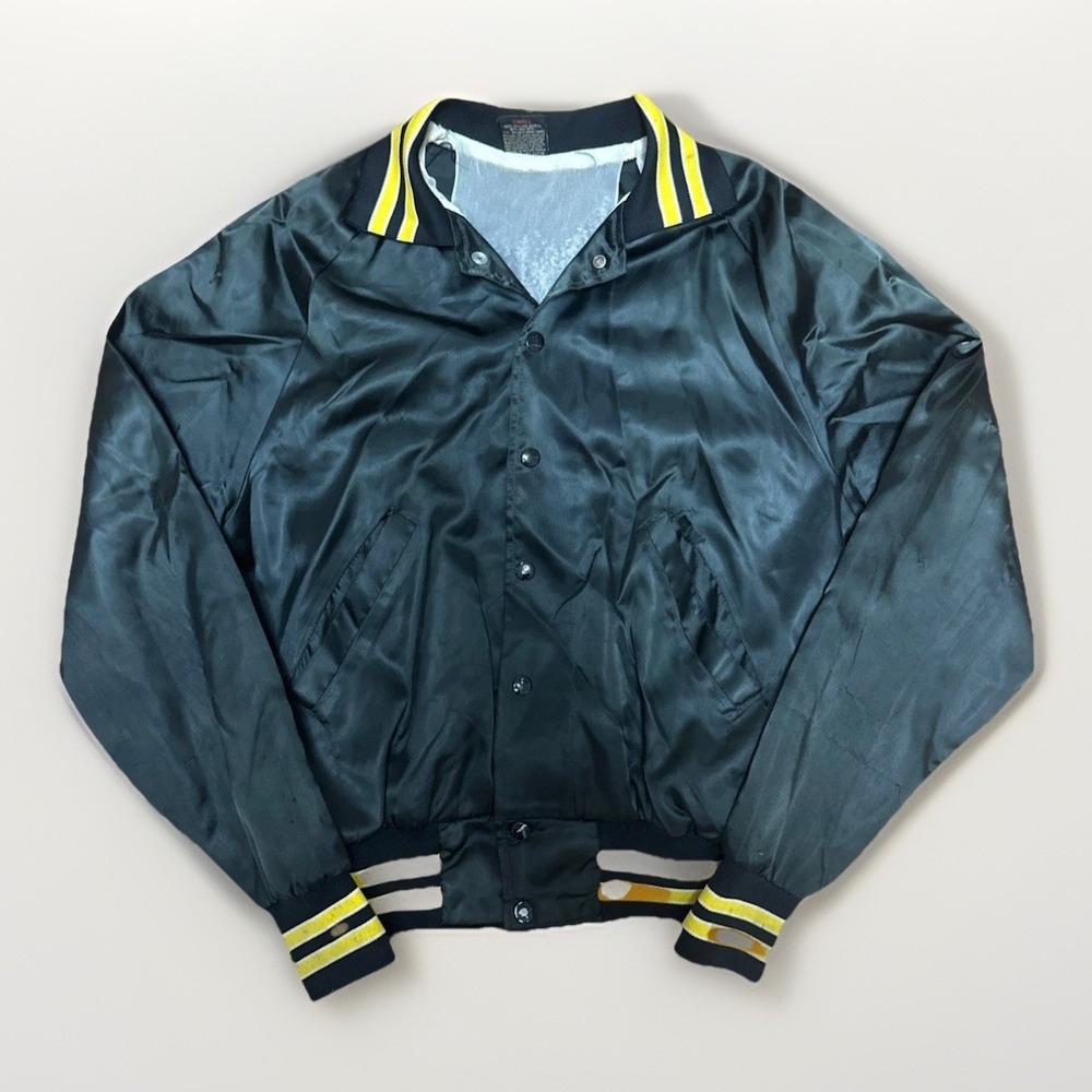 Vintage 80s Grand Circus Satin Bomber Jacket Black Yellow Stripe Aristo Jac USA